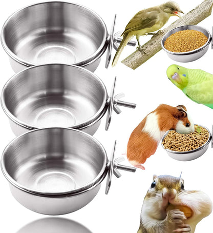 3 Pack Bird Feeding Bowls Cups Parrot Food Water Dishes, Stainless Steel Bird Bowl Cup Dish with Clamp, Birdcage Feeder Pet Cage Bowls for Cockatiel Budgie Conure Macaw Parakeet Small Animal1