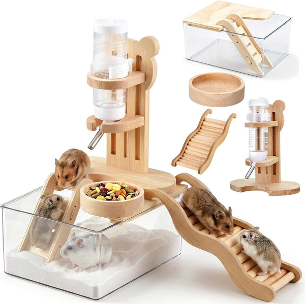 4 Pcs Hamster Cage Accessories Water Bottle Set,Rectangle | Hamster Sand Bath Box Feeding Bowl Climbing Toy Wooden Ladder Bridge Set for Rat Mice Small Animals Habitat Decor Enrichment8