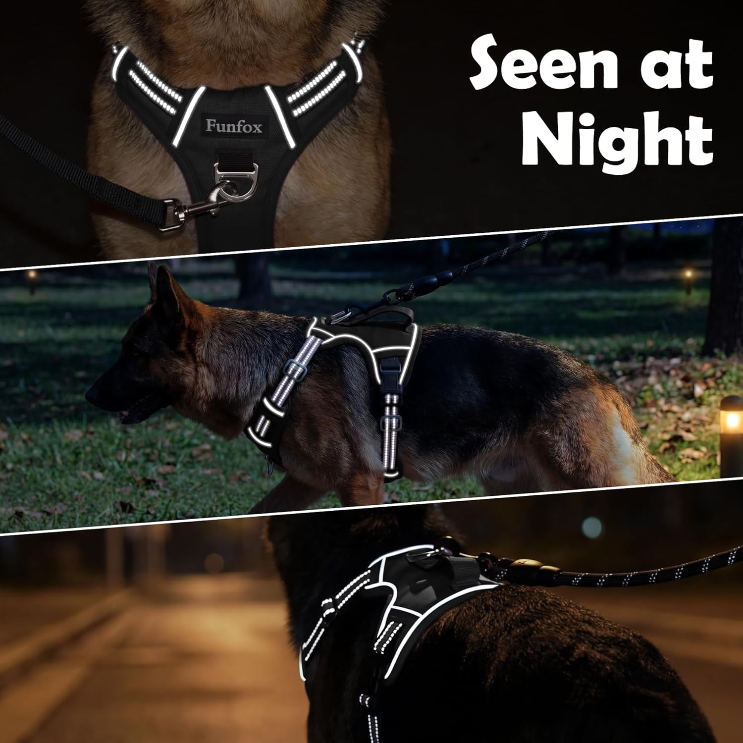 funfox-dog-harness-medium-sized-dog-vertical-handle-easy-control-no-pull-pet-vest-adjustable-with-2-leash-clips-soft-material-reflective-safe-night-walking-for-small-medium-large-breed-black-m