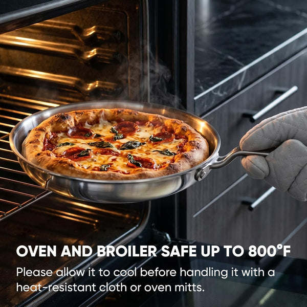 12" 5-Ply Stainless Steel Frying Pan | Dual Aluminum Core, Uncoated Surface, Oven & Broiler Safe 800°F, Induction Ready, Dishwasher Safe, Searing & Family Meals7