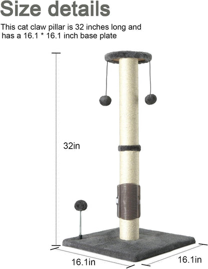PEEKAB 32" Tall Cat Scratching Post Sisal Scratch Posts,With Hanging Ball and Self-Massage Brush Vertical Scratcher for Indoor Cats and Kittens Gray 32Inches4