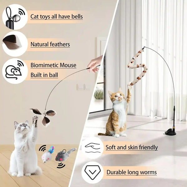 Soarer 4-In-1 Interactive Cat Wand Toy,12Pcs Durable Fishing Pole Cat Feathers Toys Replacements,Enhanced Suction Cup Cat Toy Floor,2 Types Door Hanging Cat String Toys for Indoor Kitten4