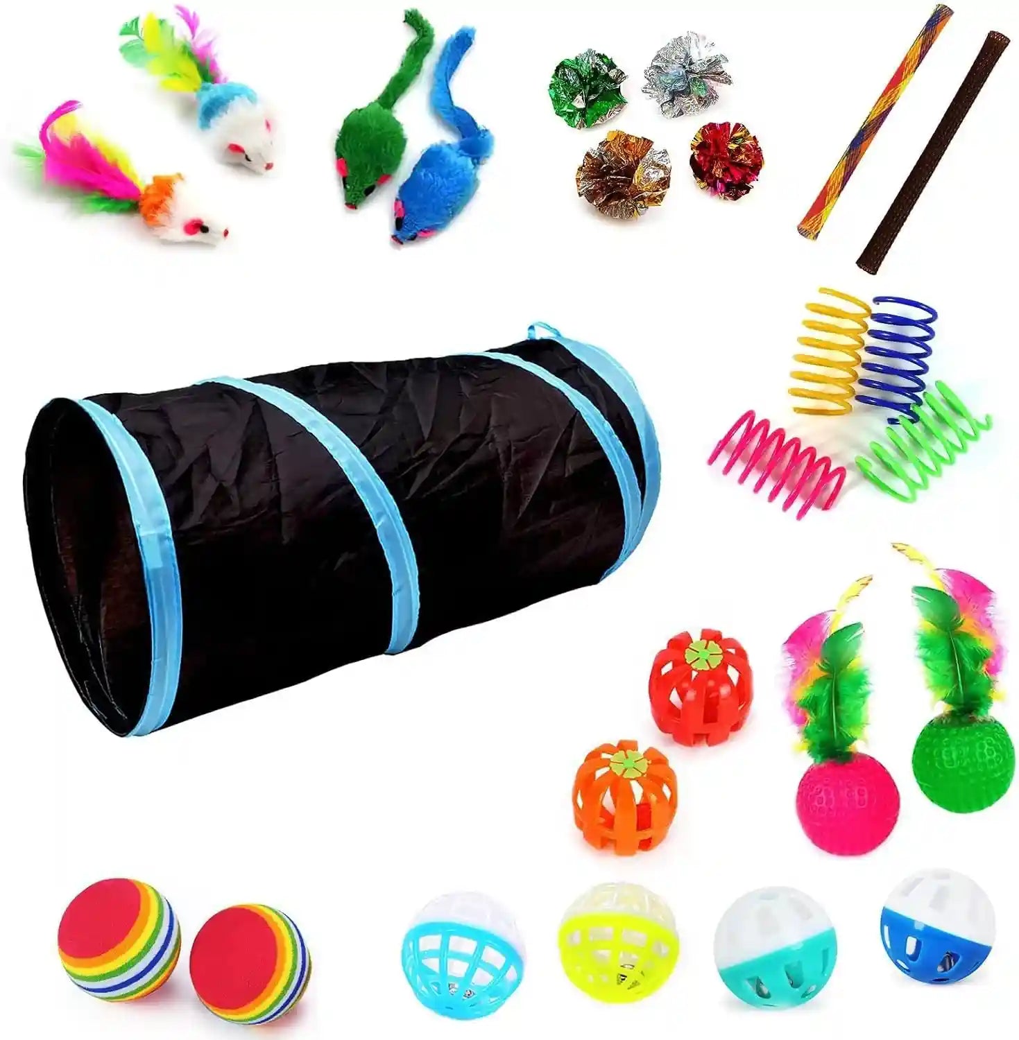 icagy-25-pcs-cat-toys-for-cats-indoor-kittens-interactive-variety-pack-45-inches-rainbow-cat-tunnel-feather-teaser-feather-golf-mice-springs-balls-noise-toys-rainbow-colorful-45