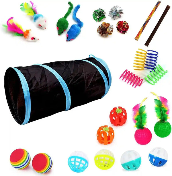 Icagy 25 Pcs Cat Toys for Cats, Indoor Kittens - Interactive Variety Pack, 45 Inches Rainbow Cat Tunnel, Feather Teaser, Feather Golf, Mice, Springs, Balls, Noise Toys - Rainbow/Colorful 45"11