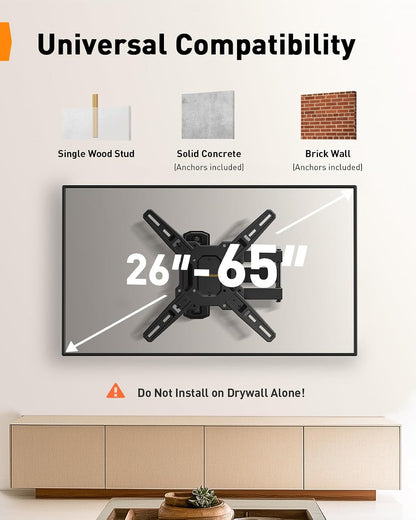 Full Motion TV Mount for 26–65 Inch Tvs up to 82 Lbs | Swivel Articulating Corner TV Wall Mount with Tool-Free, Single Stud Wall Mount TV Bracket, Max VESA 400X400Mm PGMF32