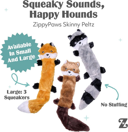 Zippypaws Skinny Peltz - No Stuffing Dog Toy Pack to Keep Them Busy, for Medium and Large Dogs, Squeaky Pet Toys, Unstuffed Chew Toys, Soft Plush Variety Pack, Fox, Raccoon, and Squirrel - 18"3