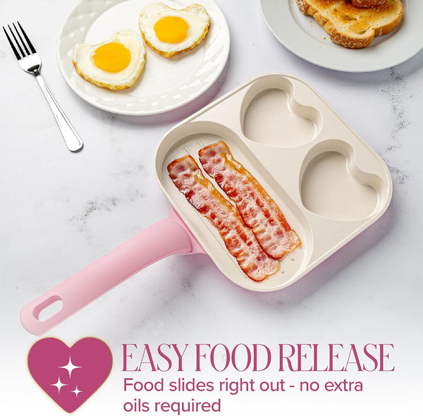 Ceramic Nonstick Divided Skillet with Heart-Shaped Sections and Grill Plate, Cast Aluminum, Dishwasher Safe, 8-Inch, Pink3