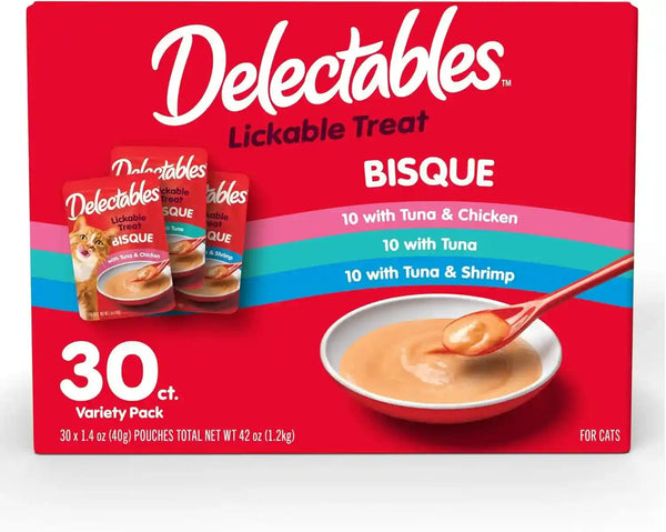 Delectables Lickable Treat Bisque Wet Cat Treat with Real Tuna & Salmon, Food Topper, Hydrating, Grain-Free, No Fillers, No By-Products, No Added Preservatives, 1.4Oz Pouch, 12Ct10