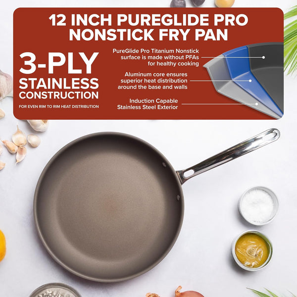 Viking Pureglide Pro 3-Ply Nonstick Frying Pan, Made without PFAS, 12-Inch Induction Cookware, Metal Utensil Safe Titanium Nonstick Surface, Oven Safe to 600F2