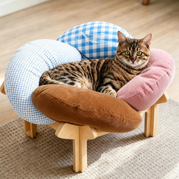 PACHIRA Elevated Cat Bed Wooden, Cat Couch Fluffy, Cat Sofa Flower for Indoor Cats, Raised Cat Bed with Washable Fluffy Cushion and Birch Wood, Cat Chair for Kitty and Puppy, Cat Furniture (White)9