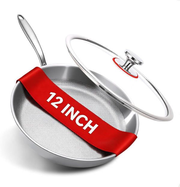 12 Inch Titanium Pro Pans for Cooking with Lid Pure Healthy | Large Family Size Titanium Frying Pan,Non-Toxic Titanium Cookware Induction Compatible & Oven Safe for Even Heating1