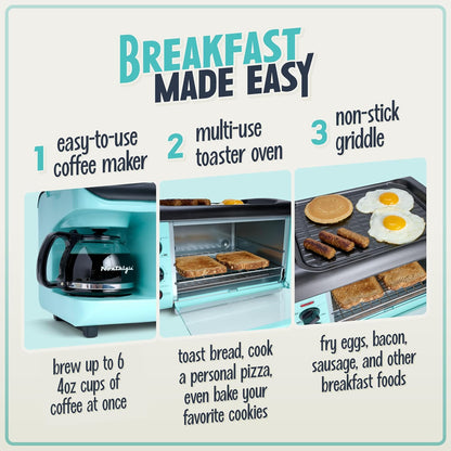 3-In-1 Breakfast Station - Includes Coffee Maker, Non-Stick Griddle, and 4-Slice Toaster Oven - Versatile Breakfast Maker with Timer - Aqua3