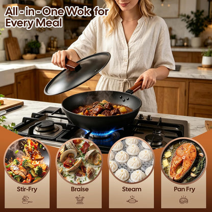 13'' Carbon Steel Wok, 12 Piece Wok Pan & Stir-Fry Pans Set with Lid | No Chemical Coated Flat Bottom Chinese Wok Pan6