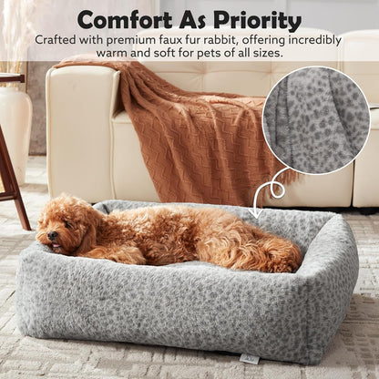 JOEJOY Dog Bed Medium Size Dog, Removable Washable Cover Orthopedic Soft Pet Bed, Anti-Slip Fluffy Plush Faux Rabbit Fur Puppy Bed, 30"X24"X8", Leopard Print, Grey6