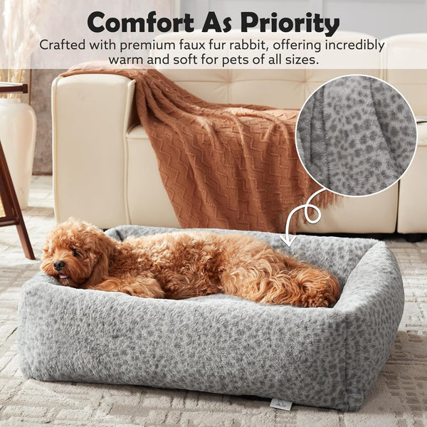 JOEJOY Dog Bed Medium Size Dog, Removable Washable Cover Orthopedic Soft Pet Bed, Anti-Slip Fluffy Plush Faux Rabbit Fur Puppy Bed, 30"X24"X8", Leopard Print, Grey6