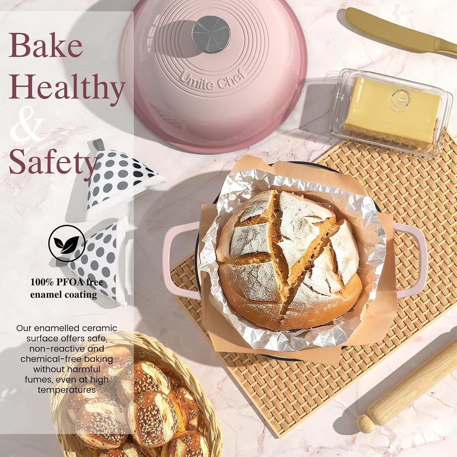 cast-iron-dutch-oven-pot-with-lid-round-bread-oven-for-sourdough-bread-baking-enameled-cast-iron-bread-oven-with-dome-lid-cotton-potholders-for-sourdough-pink-6-quarts
