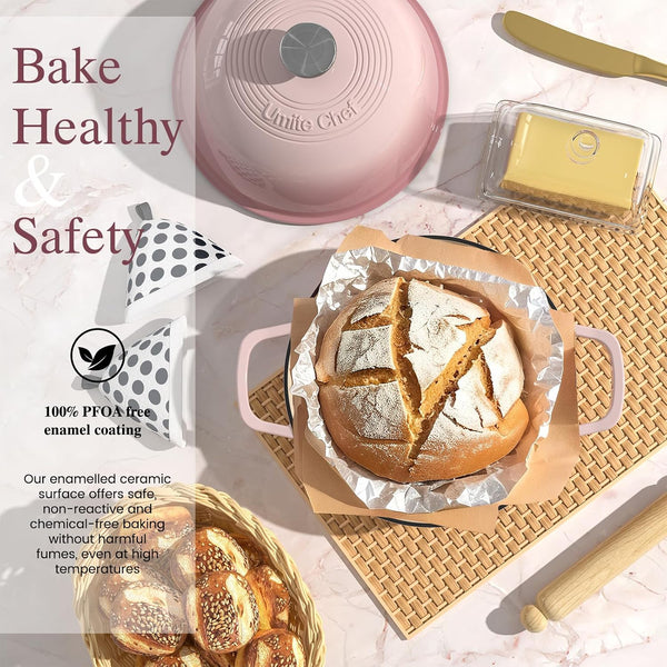 Cast Iron Dutch Oven Pot with Lid, round Bread Oven for Sourdough Bread Baking,  Enameled Cast Iron Bread Oven with Dome Lid & Cotton Potholders for Sourdough, Pink, 6 Quarts2