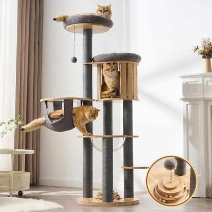 50" Modern Cat Tree for Indoor Cats Small to Medium, Solid Wood Cat Tower with Sisal Scratching Posts, Cat Scratcher Cardboard, Cozy Cat Beds & Hidden Cat Condo, Multi-Level Cat Furniture12