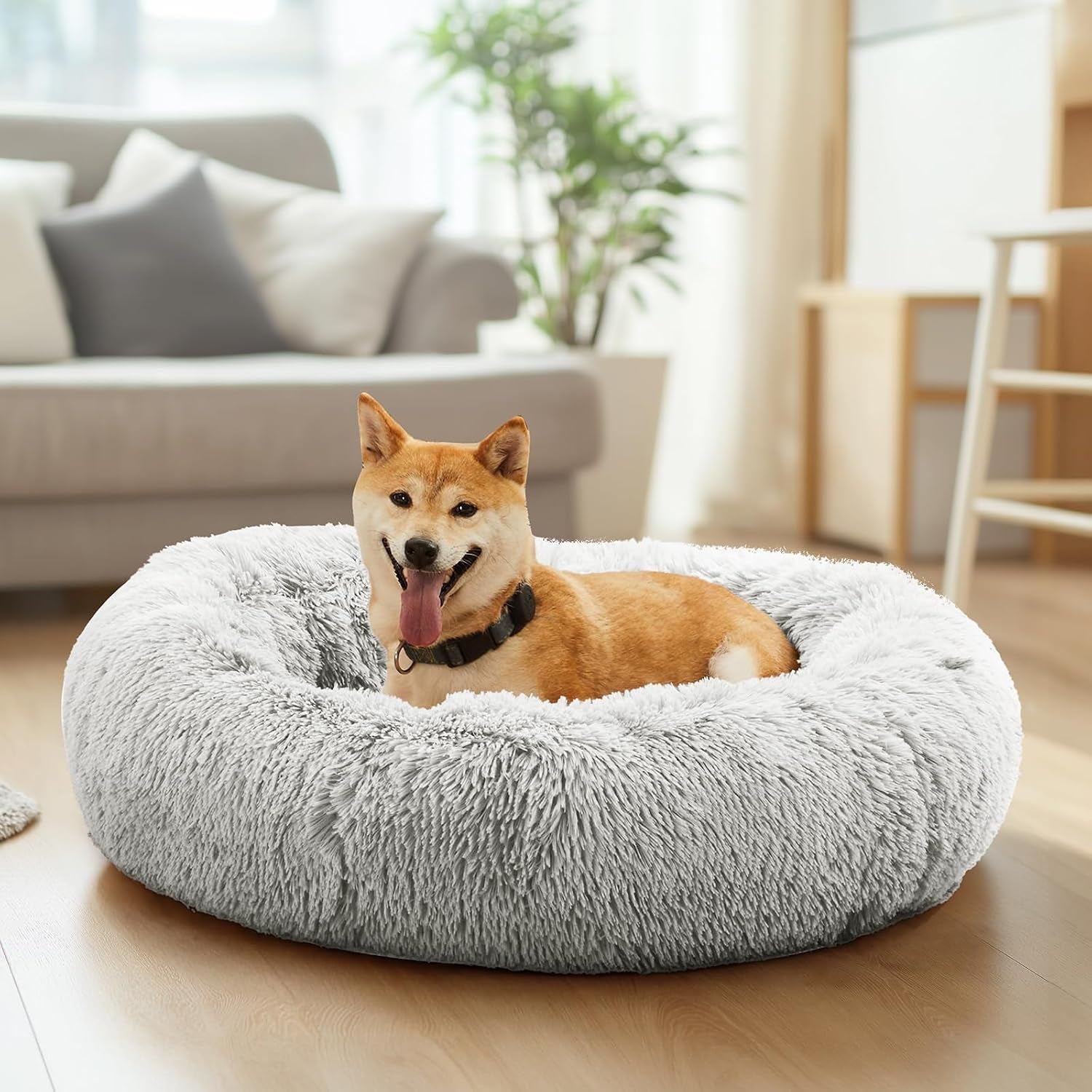 dumos-30-7-inch-donut-dog-bed-faux-fur-plush-grey-machine-washable-cuddler-warming-cozy-fluffy-faux-fur-plush-round-pet-bed-anti-slip-bed-for-indoor-dogs-and-cats