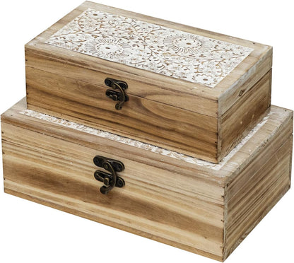 Rustic Farmhouse Wood Decorative Boxes, Set of 2 Keepsake Box Wooden Box with Hinged Lid and Floral Carved Design, Decorative Boxes for Home Decor (Brown)1