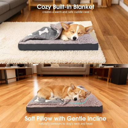 Dog Bed with Cover Pillow Blanket Attached, 30''X20'' Washable Rectangle Hooded Cozy Cave Cat Puppy Calming Crate Bed & Removable Cover, Indoor Covered Kennel Furniture Couch Sofa for Small Medium Pet2