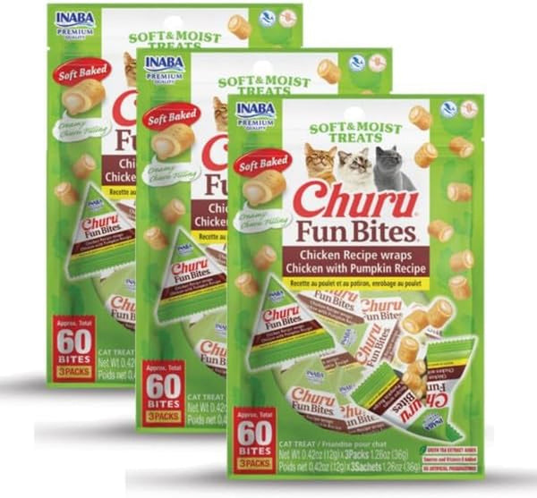 INABA Churu Fun Bites for Cats, Soft & Chewy Baked Chicken Wrapped Filled Cat Treats with Taurine, 0.42 Ounces Each Tetra, 12 Tetras, 4 Flavor Variety Pack13
