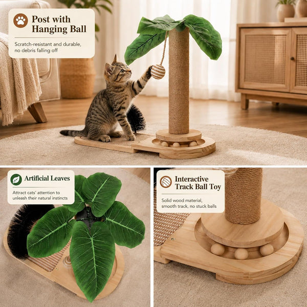 16.5” Tall Sisal Cat Scratching Post with Self Groomer | Interactive Sisal Hanging Ball,Fun Wooden Rolling Balls for Small Cats to Play Indoors,Natural Sisal Cat Scratch Posts5