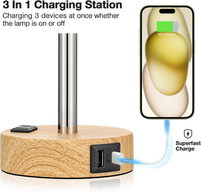 Bedside Table Lamp for Bedroom - Dimmable Touch, USB A+C, AC Outlet | 3-Way Dimmable, LED Bulb Included, Fabric Lampshade, Wood-Grain Metal Base, 14" Small Nightstand Lamp for Desk, Living Room3