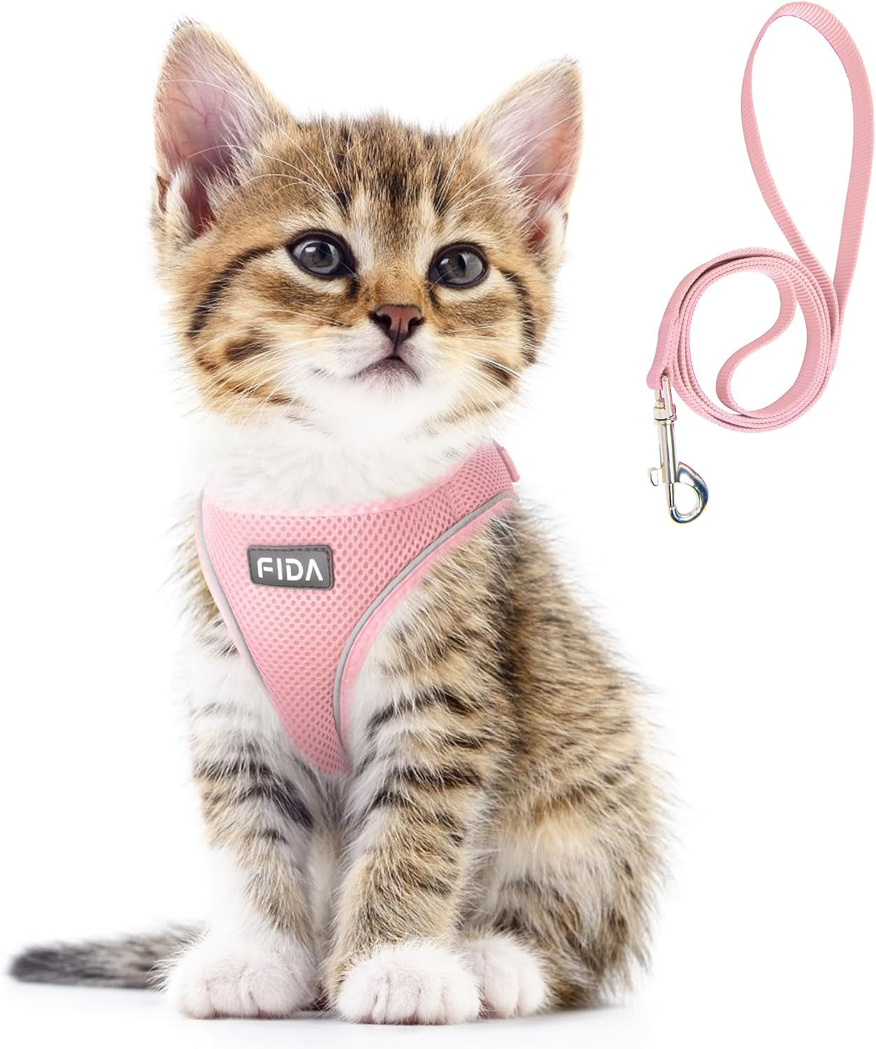 fida-cat-harness-and-leash-set-for-walking-kitten-and-puppy-escape-proof-kitten-harness-with-breathable-lightweight-soft-mesh-adjustable-reflective-step-in-design-xxxs-pink