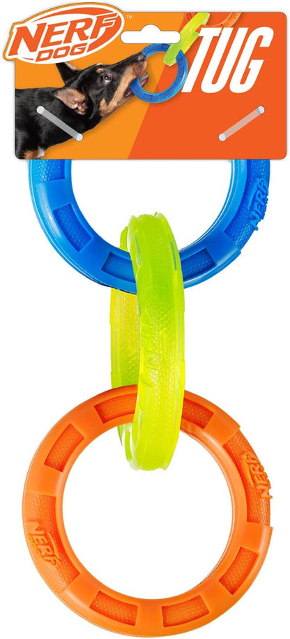 Nerf Dog 3-Ring Tug Outdoor Dog Toy, 10.5 Inch Ring Dog Tug Toy for Medium and Large Breeds, Blue/Green/Orange1