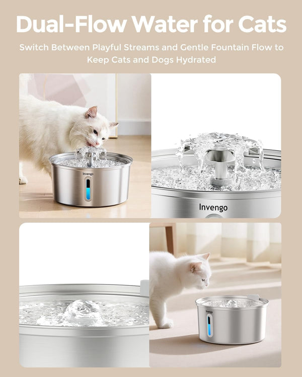 Cat Water Fountain Stainless Steel 3.2L/108Oz, Invengo Automatic Pet Fountain for Cats & Dogs, Ultra Quiet <25 Db Pump, Includes 4 Replacement Filters & Sponges, LED Water Level Window, Easy to Clean6