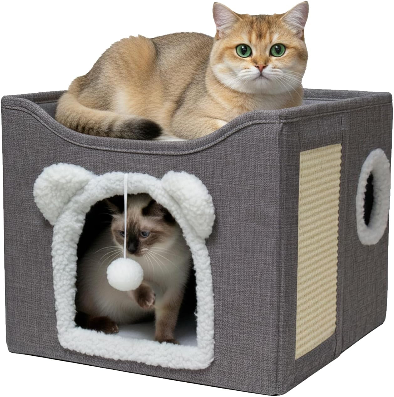 cat-houses-for-indoor-cats-large-cats-bed-cave-kitten-cube-box-cat-condo-with-scratching-pad-hanging-fluffy-ball-peekaboo-window-foldable-hideaway-hand-washable16x16x13-3-inches-grey