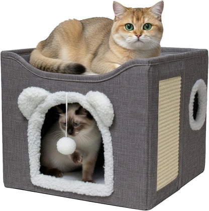 Cat Houses for Indoor Cats, Large Cats Bed Cave, Kitten Cube Box,Cat Condo with Scratching Pad, Hanging Fluffy Ball & Peekaboo Window, Foldable Hideaway Hand-Washable(16X16X13.3 Inches,Grey)1
