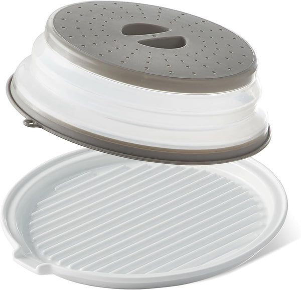 Microwave Bacon Tray with Lid Ceramic Bacon Cooker Meat Rack for Oven Cooking Crispy Bacon Maker with Cover - 11 Inch round Bacon Dish Plate, White1