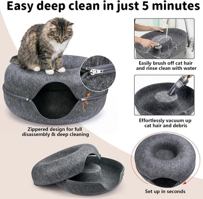 Cat Tunnel Bed for Heavy Big Cats up to 45 Lbs - 24" Donut Cat Bed for Multi-Cat Home - Premium Detachable Zipper Felt Anti-Scratch Cat Cave Bed - Roomy Non-Collapsing Cat Hideaway & Peekaboo Toy6