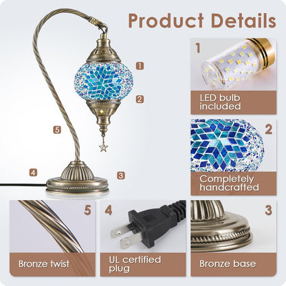 Turkish Moroccan Lamp with Bronze Base 3 Color Options Handmade Swan Neck Mosaic Glass Bedside Lamps for Bedroom (LED Bulb Included)(Blue2)5