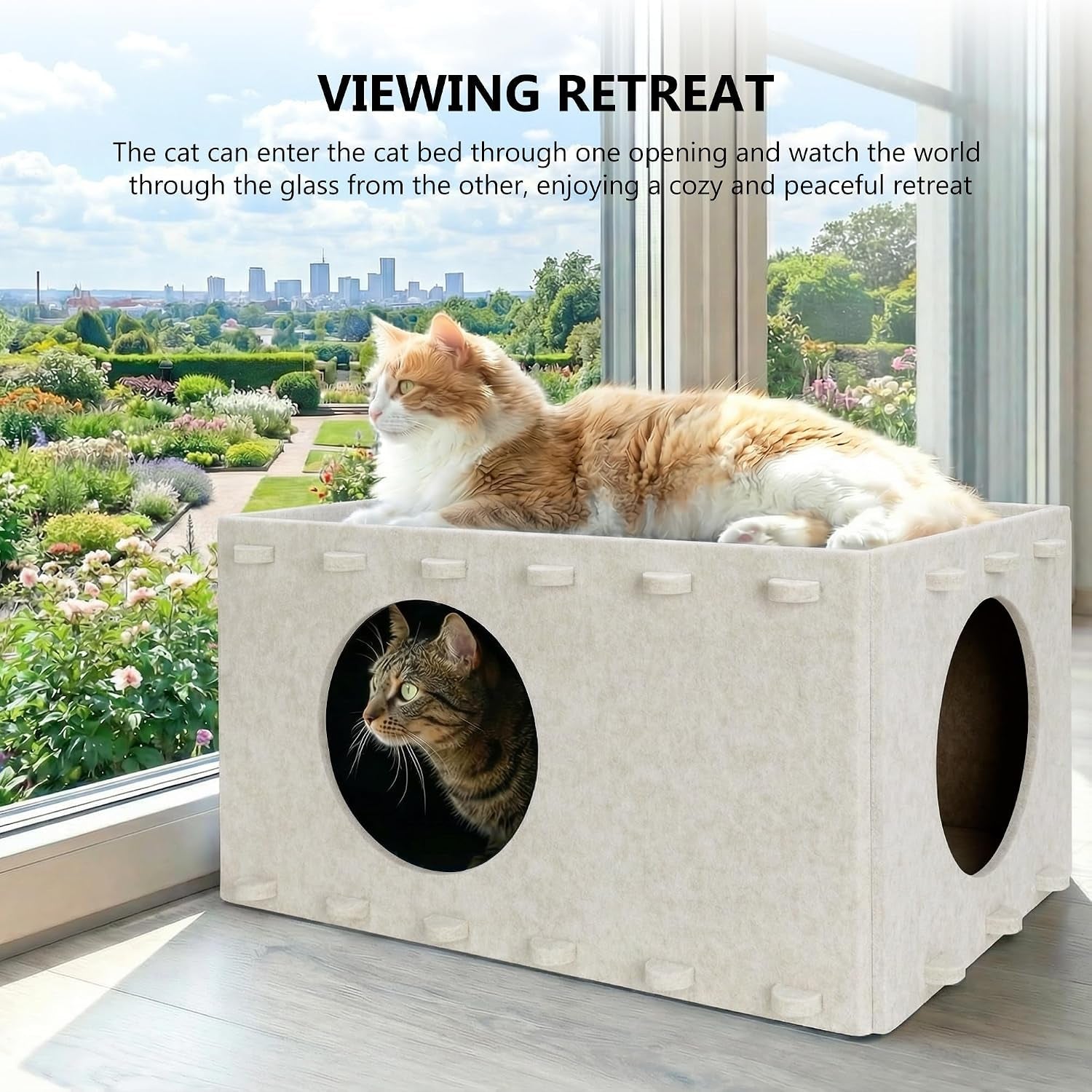 cat-house-for-indoor-cats-scratch-resistance-cat-cave-bed-felt-peekaboo-cat-hideaway-for-large-multiple-cats-up-to-22lbs-cream
