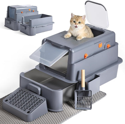 Stainless Steel Litter Box, Extra Large Enclosed Cat Litter Box with Dual Entry, Odor Control Lid & Tool-Free Assembly, Premium Metal Litter Box for Cats, Multi-Cat & Dog-Proof Homes, Grey9