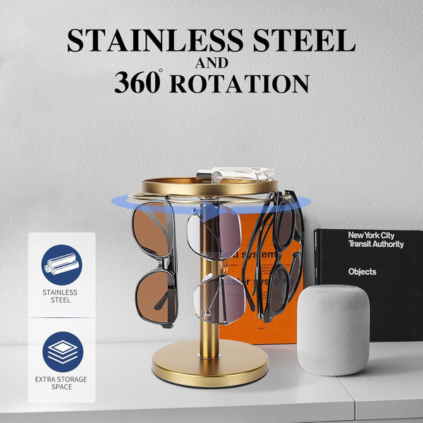 360° Rotating Sunglass Organizer Storage, Stainless Steel Glasses Holder Stand, Glasses Organizer with Tray for Desk, Dresser, Tabletop, Nightstand and Home Decor (Gold) | Stainless Steel Stand with 360 Rotation Holds 9 to 12 Pairs. Top Tray Stores Rings, and Keys for Desk, Dresser, Nightstand4