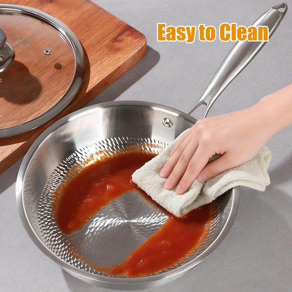 Titanium Hammered Wok Pan with Lid, Pure Titanium Pans for Cooking, No Coating Non-Stick Flat Bottom Wok, Ultra-Durable, Scratch-Resistant, Compatible with All Cooktops,12.6In7
