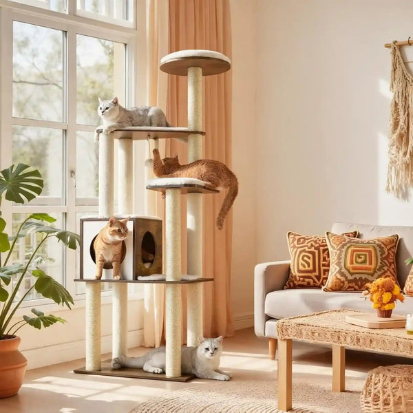 Feandrea Cat Tree, 64.6-Inch Modern Cat Tower, Multi-Level Condo with 5 Scratching Posts, Perch, Washable Removable Cushions, Cave, Rustic Brown UPCT166X019