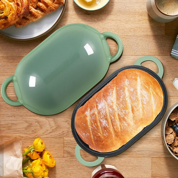 5 QT Enameled Cast Iron Sourdough Bread Oven, Loaf Pan with Lid | Oval Dutch Oven for Homemade Sourdough Bread Baking, Oven Safe up to 500°F, Meatloaf Pan with Dome Lid, Fig Green9