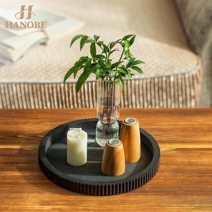 Black Decorative Coffee Table Tray, Scalloped Edge | 12" round Wood Centerpiece Tray, Ideal for Living Room, Entryway Table, Kitchen Island, Fits Modern Decor.9