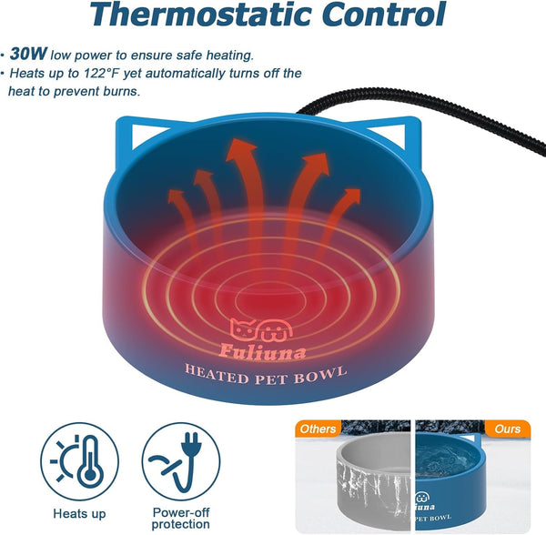 Heated Water Bowl for Outdoor Dog & Cat, Large Heated Dog Bowl Provides Drinkable Water in Winter, outside Heated Pet Bowl with 78.7In anti Chew Cord for Dogs Cat Bird Chicken Duck,108 OZ/30W3