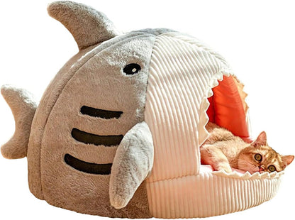 QWINEE Cat Mat Shark-Shaped Kennel Kitten Bed Hideout House Warm Soft Comfortable Semi-Closed Cat Dog Nest Blue S8