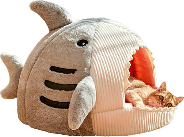 QWINEE Cat Mat Shark-Shaped Kennel Kitten Bed Hideout House Warm Soft Comfortable Semi-Closed Cat Dog Nest Blue S8