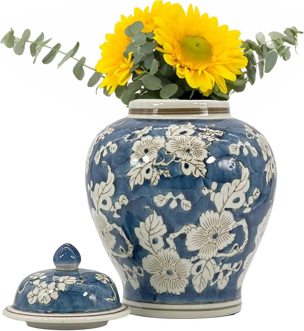 Blue and White Flower Chinoiserie Ginger Jar 12" W/Lid Ginger Jar, Tea Storage Decorative Home Decor Jar8