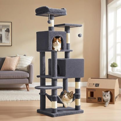 Feandrea Cat Tree, 59.5-Inch Tall Cat Tower, Plush Multi-Level Condo with 5 Scratching Posts, 2 Perches, 2 Caves, Hammock, 2 Pompoms, Light Gray UPCT192W0111