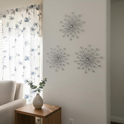 3 Set Silver Starburst Wall Art for Home Decor Metal Bling Crystal Rhinestones Sunburst Wall Decor Sparkling Rhinestone Art Accent Silver - 13In3