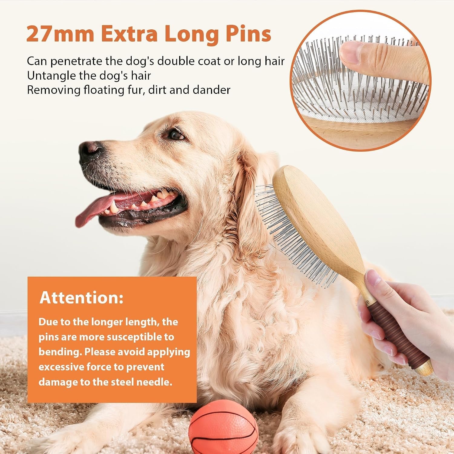 dog-brush-for-long-haired-dogs-27mm-extra-long-pin-brush-for-grooming-shedding-beech-wood-material-non-slip-rubber-handle-round-tipped-pins
